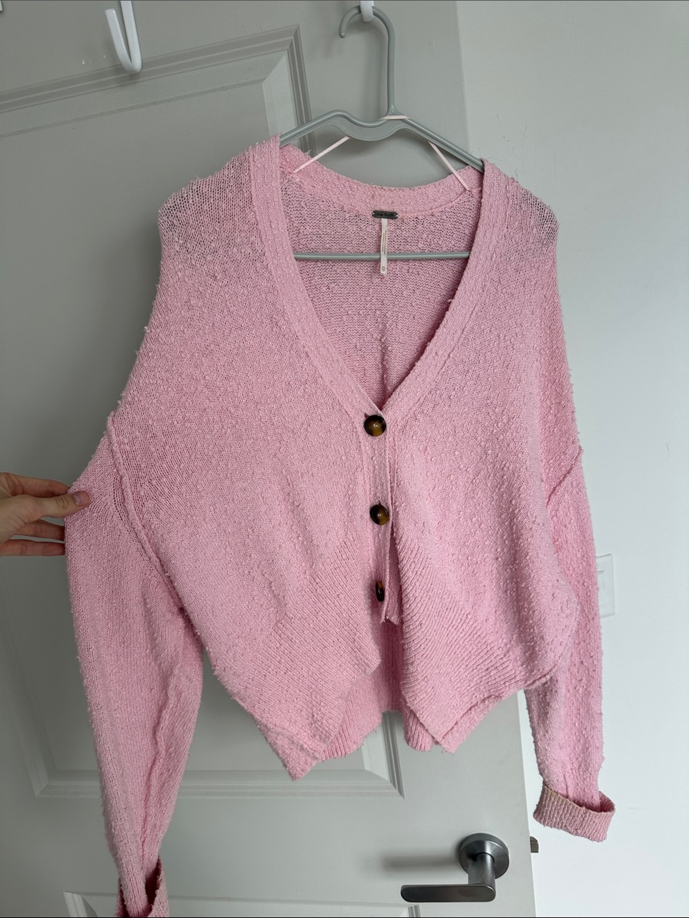 Free People Pastel Pink Cropped V-Neck Button Cardigan